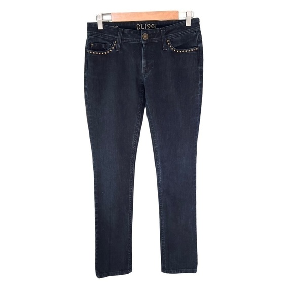 DL 1961 - Katie Slim Straight Mid Rise Dark Blue Studded Embellished Jeans Sz 28 - Picture 1 of 8